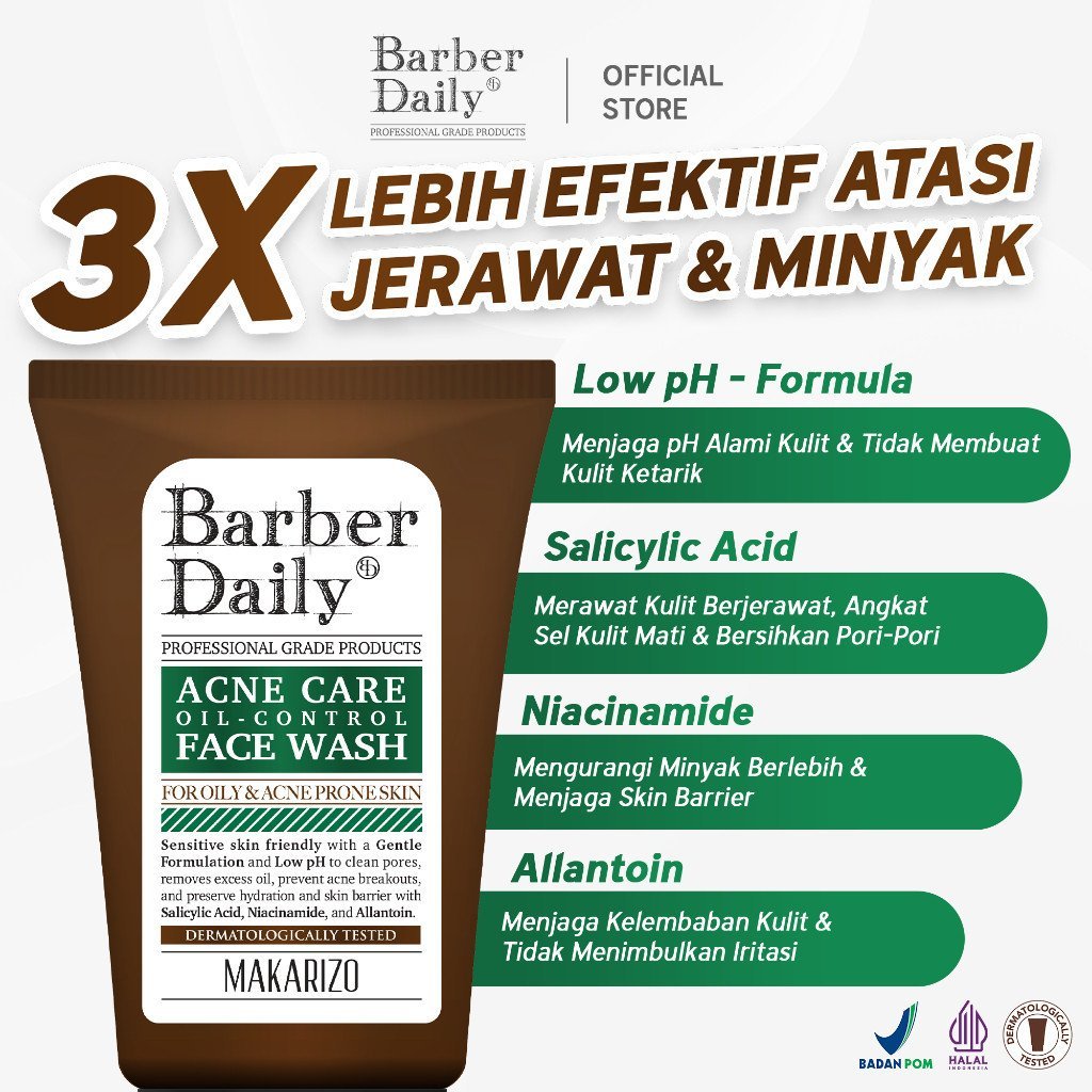 barber daily acne care and oil control face wash 100ml/pembersih wajah