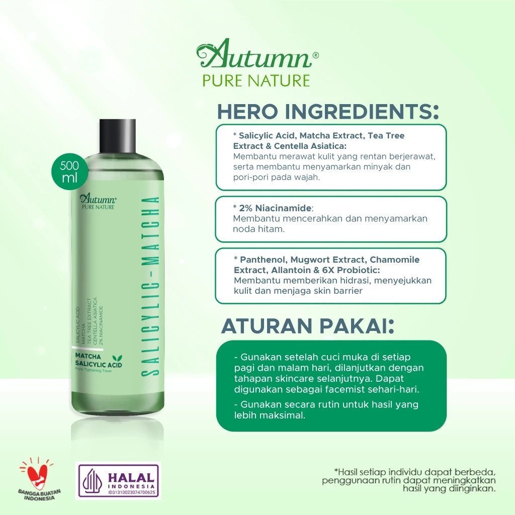autumn salicylic matcha pore tightening toner 100ml and 500ml/toner wajah autumn salicylic matcha pore tightening toner 100ml and 500ml/toner wajah